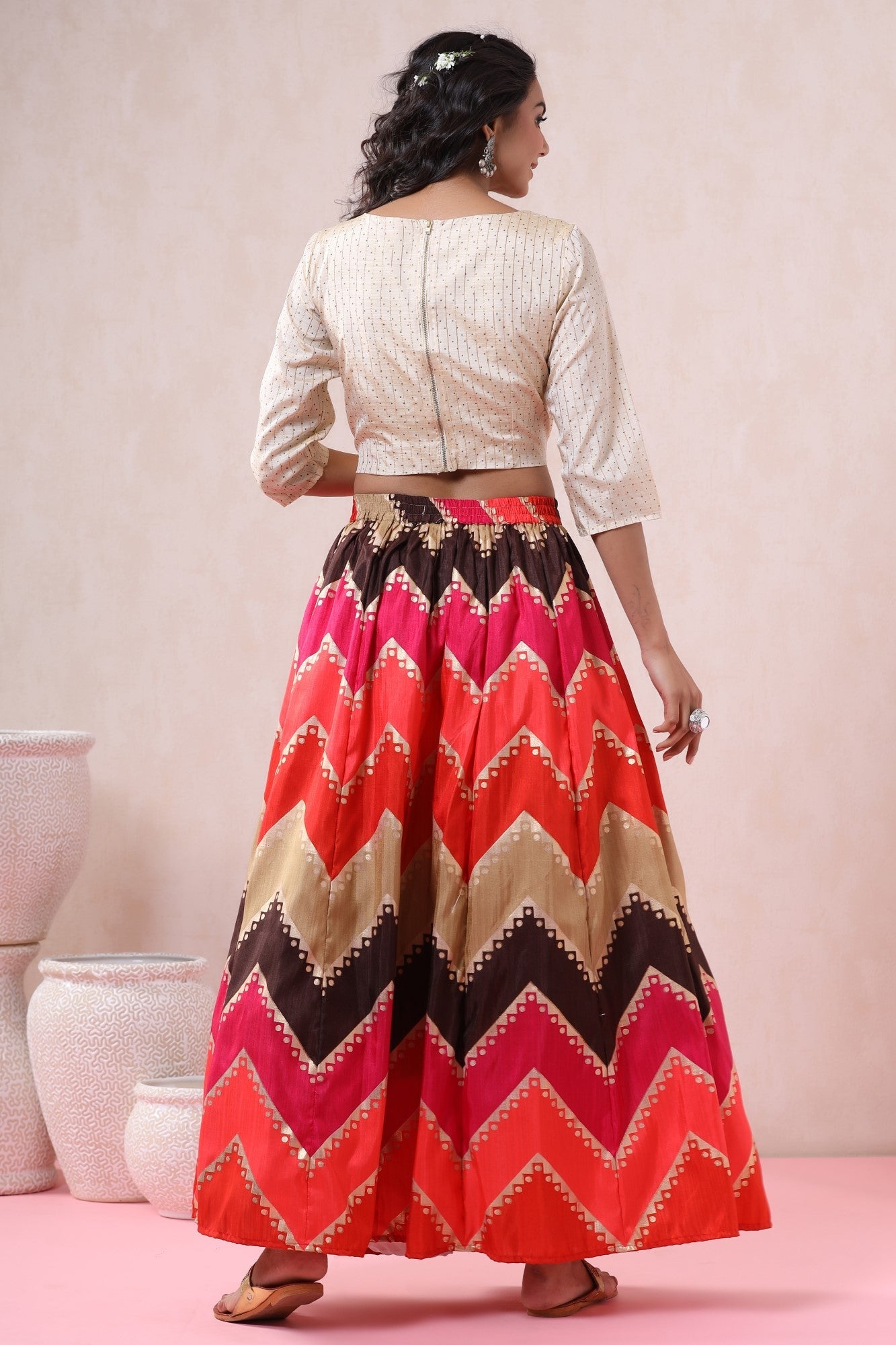 Coral Silk Crepe Printed Flared Lehenga Choli Sets