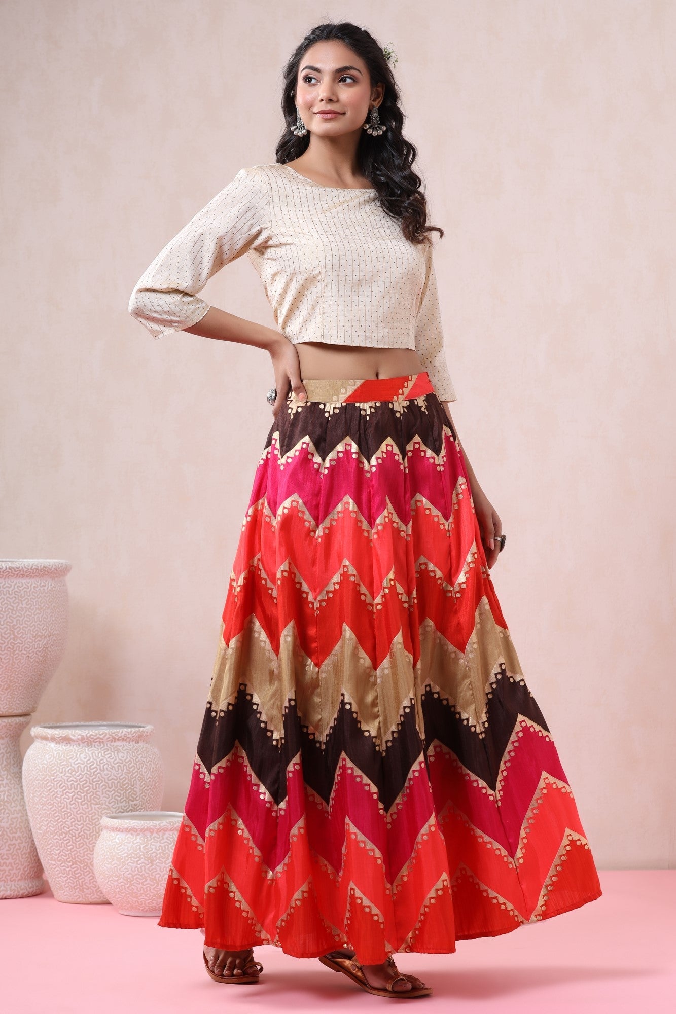 Coral Silk Crepe Printed Flared Lehenga Choli Sets