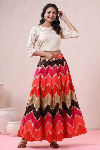 Coral Silk Crepe Printed Flared Lehenga Choli Sets