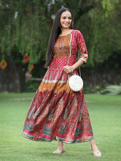 Maroon Dull Satin Printed Anarkali Dress