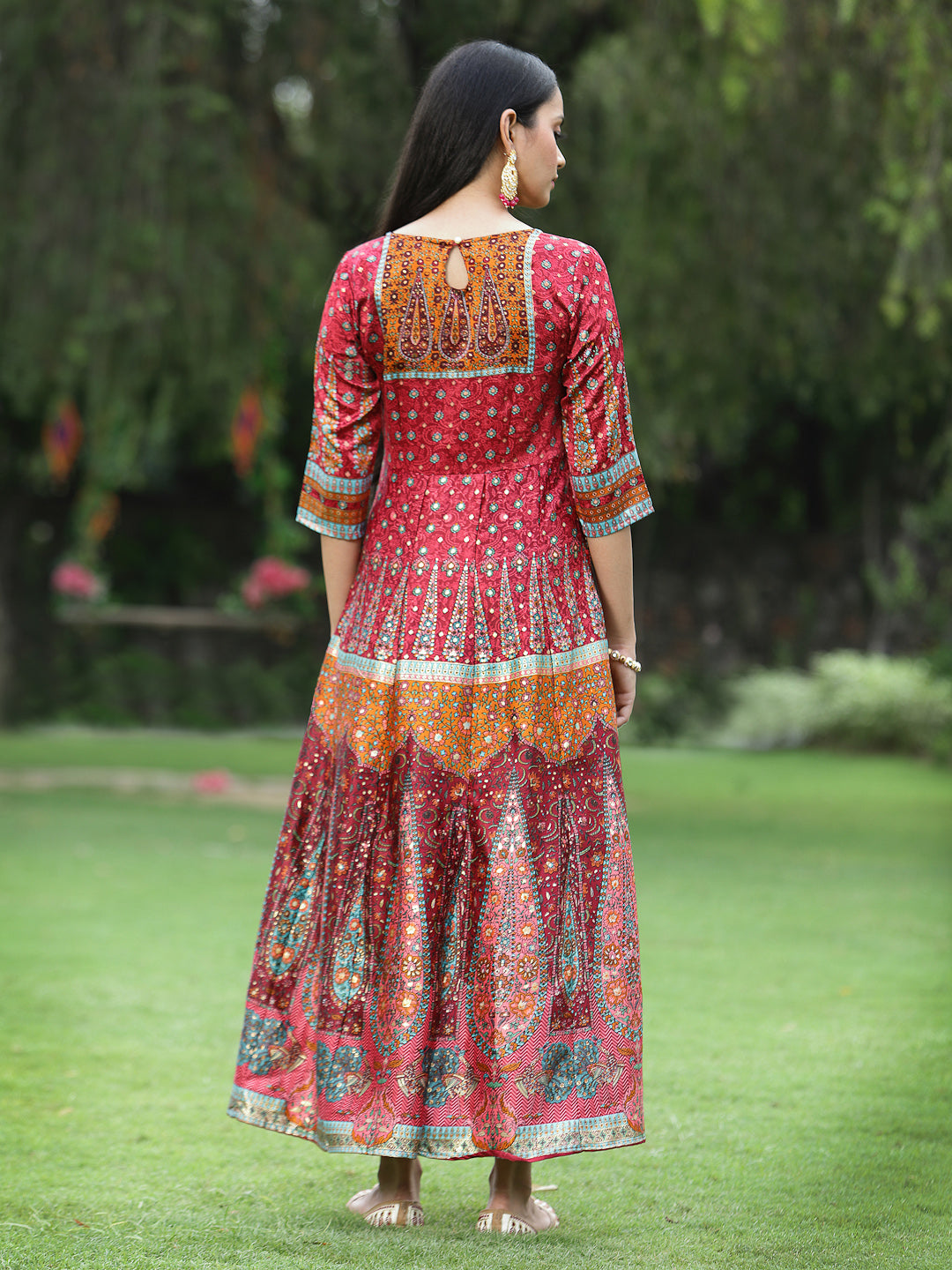 Maroon Dull Satin Printed Anarkali Dress