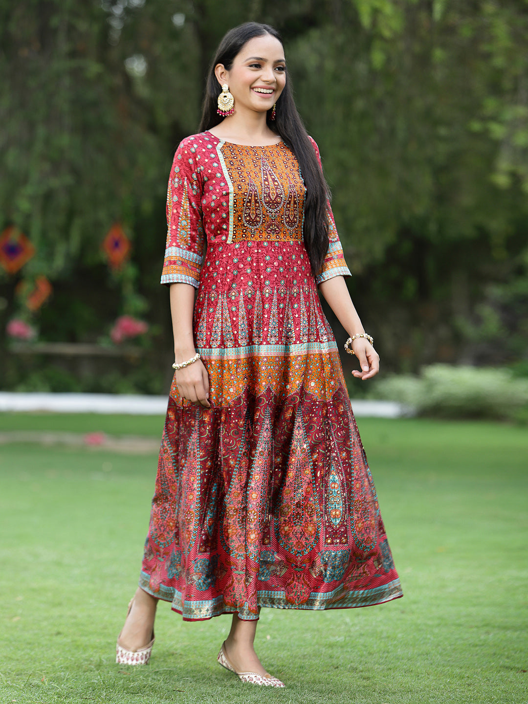 Maroon Dull Satin Printed Anarkali Dress