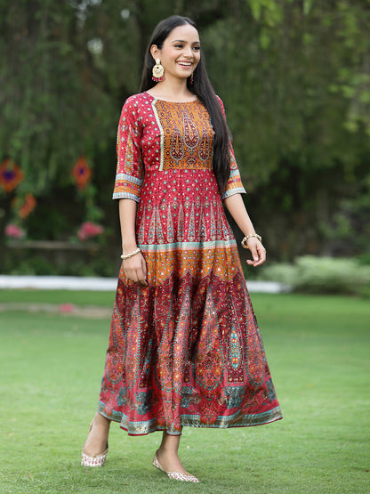 Maroon Dull Satin Printed Anarkali Dress