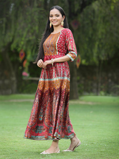Maroon Dull Satin Printed Anarkali Dress