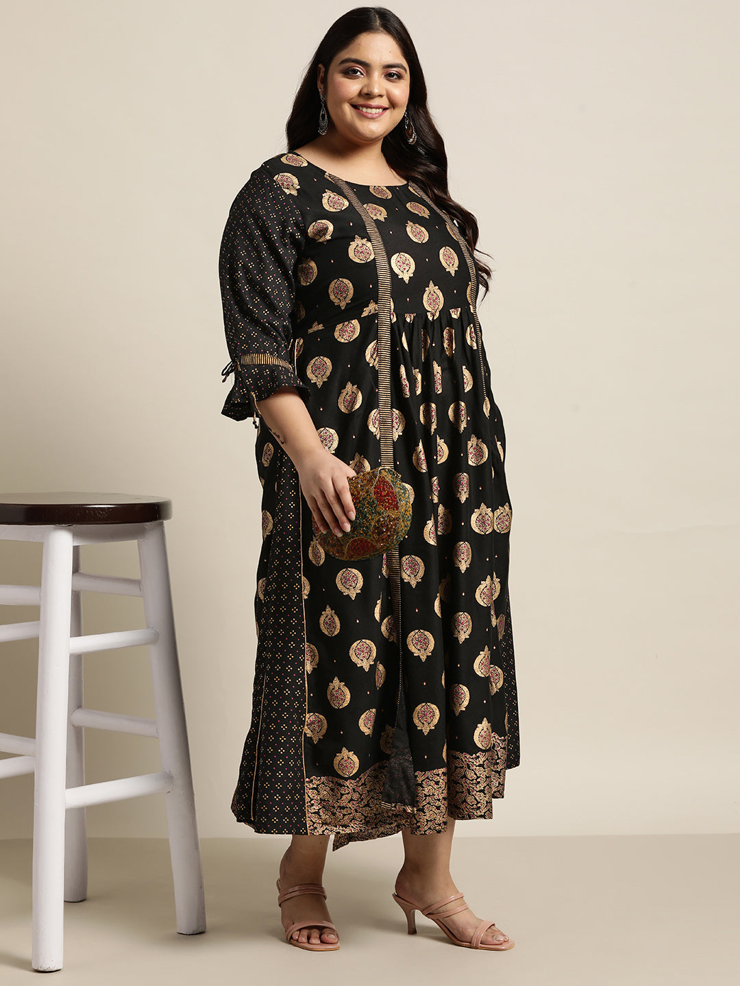Black Rayon Festive Wear Printed Jacket Style Dress
