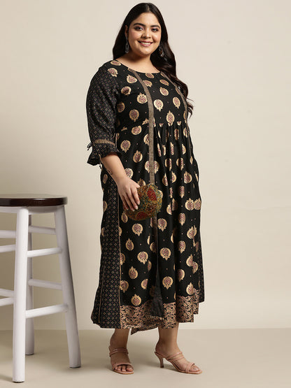 Black Rayon Festive Wear Printed Jacket Style Dress