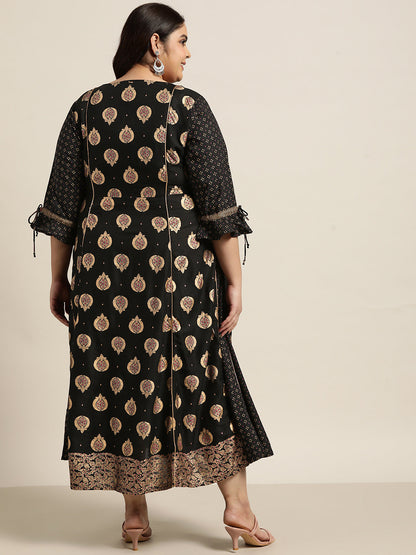 Black Rayon Festive Wear Printed Jacket Style Dress