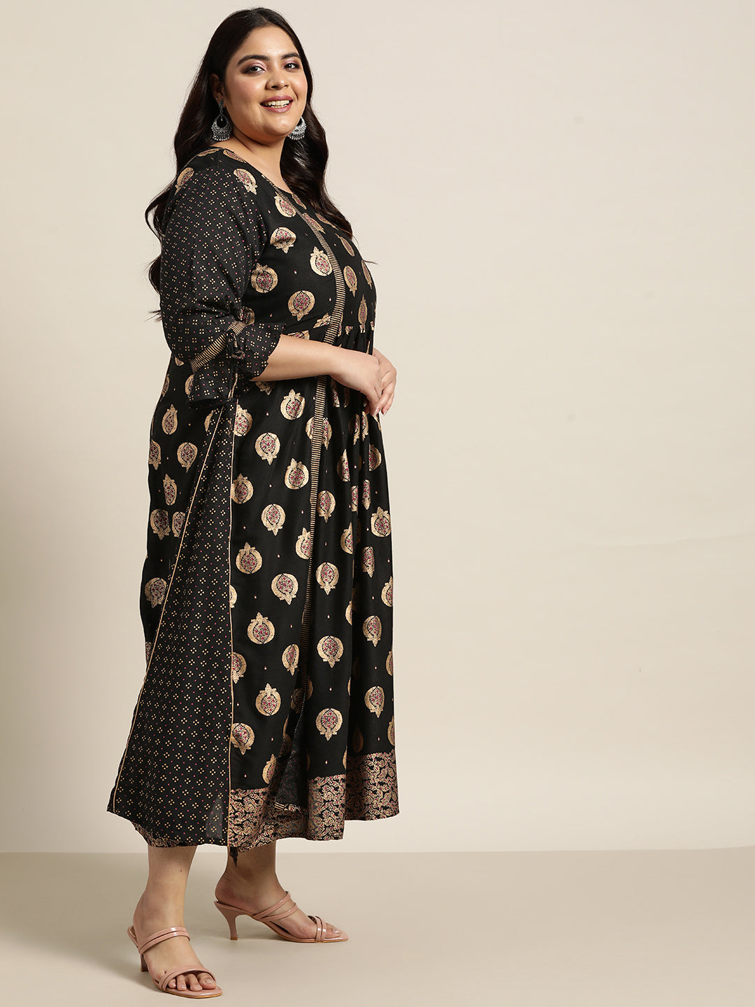Black Rayon Festive Wear Printed Jacket Style Dress