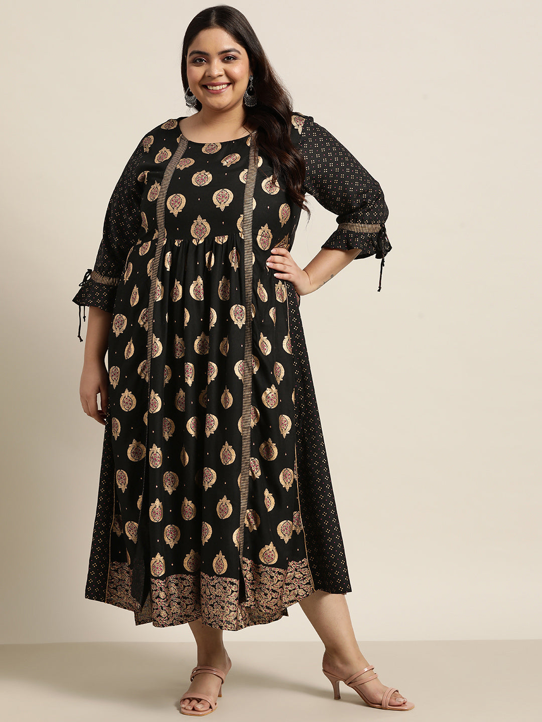 Black Rayon Festive Wear Printed Jacket Style Dress
