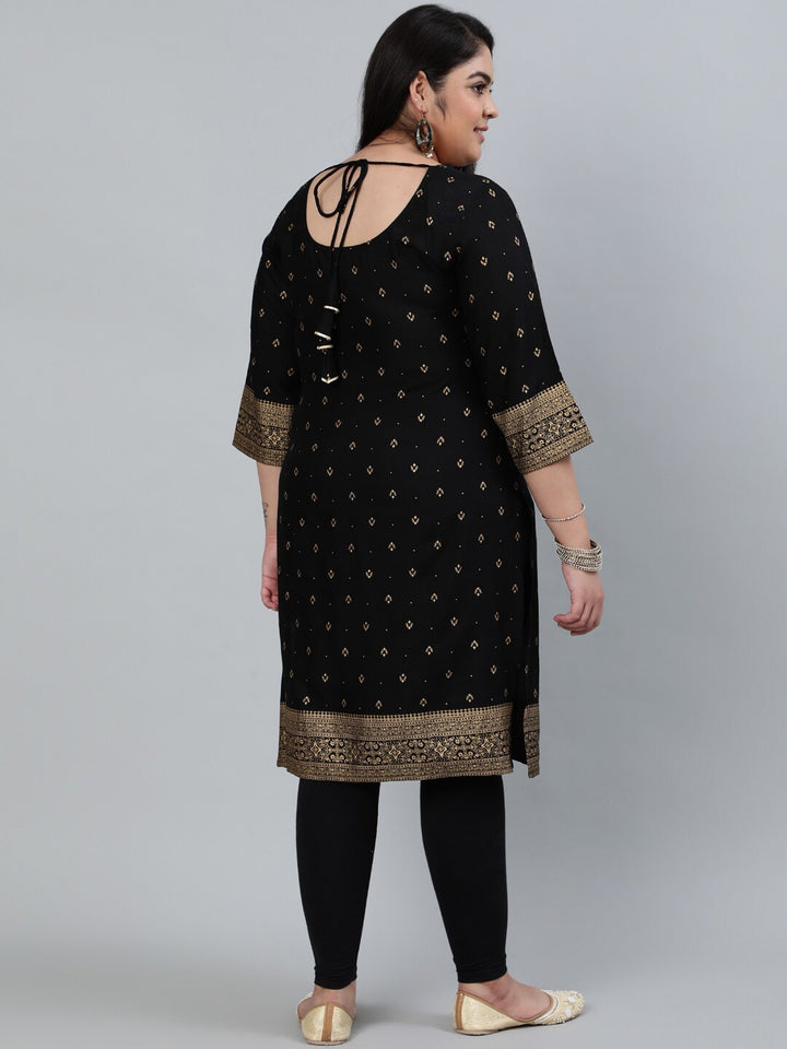 Plus Size Women Black &amp; Gold Printed Staright Kurta With Three Quarter Sleeves