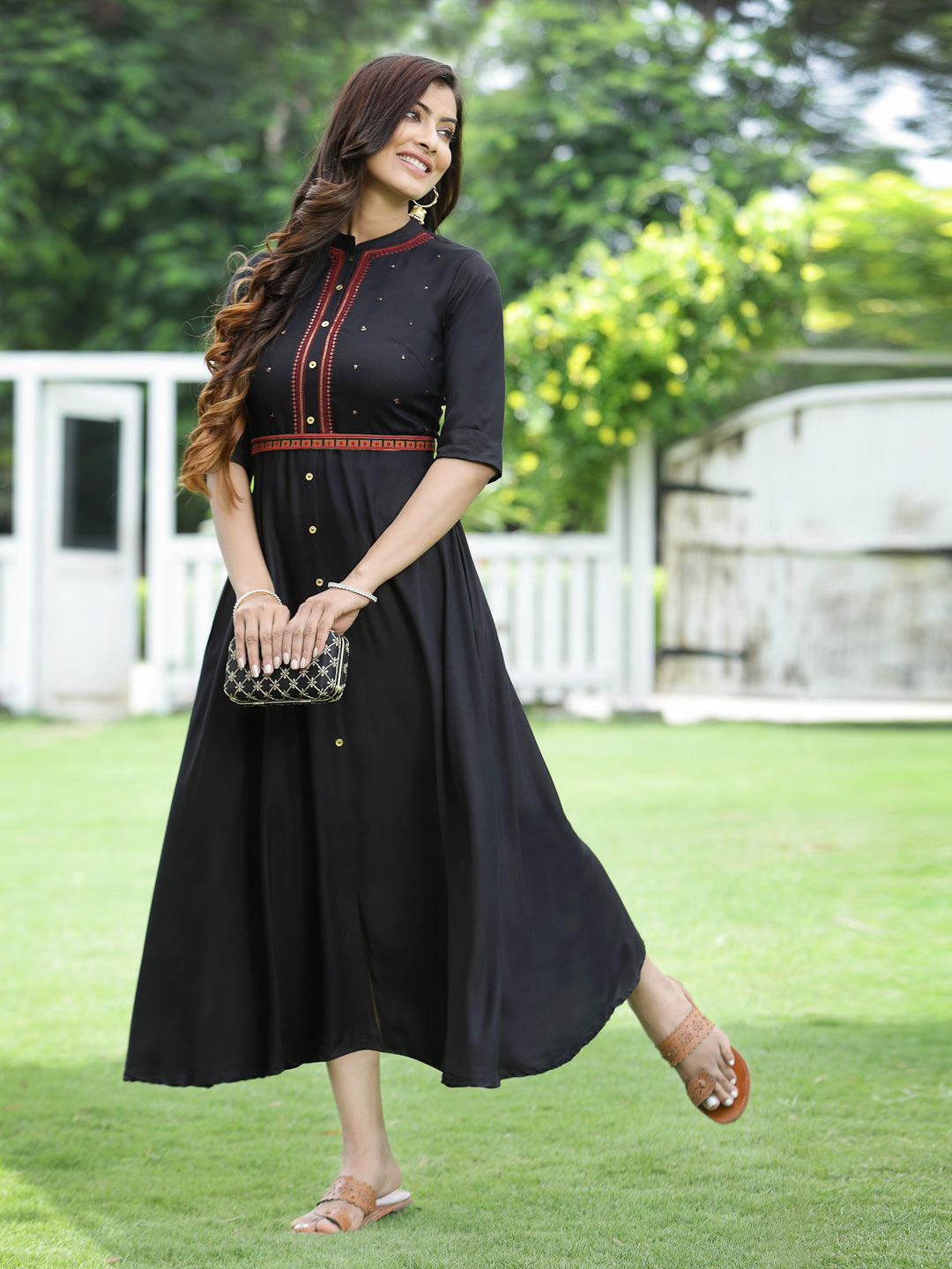 Black Rayon Embellished Flared Dress