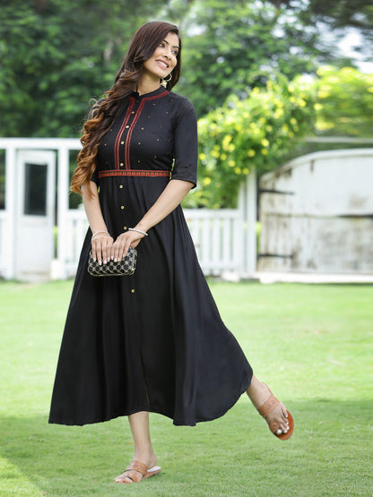 Black Rayon Embellished Flared Dress