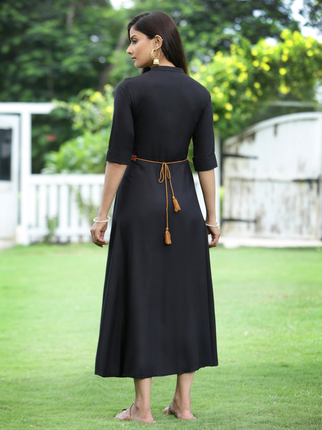 Black Rayon Embellished Flared Dress
