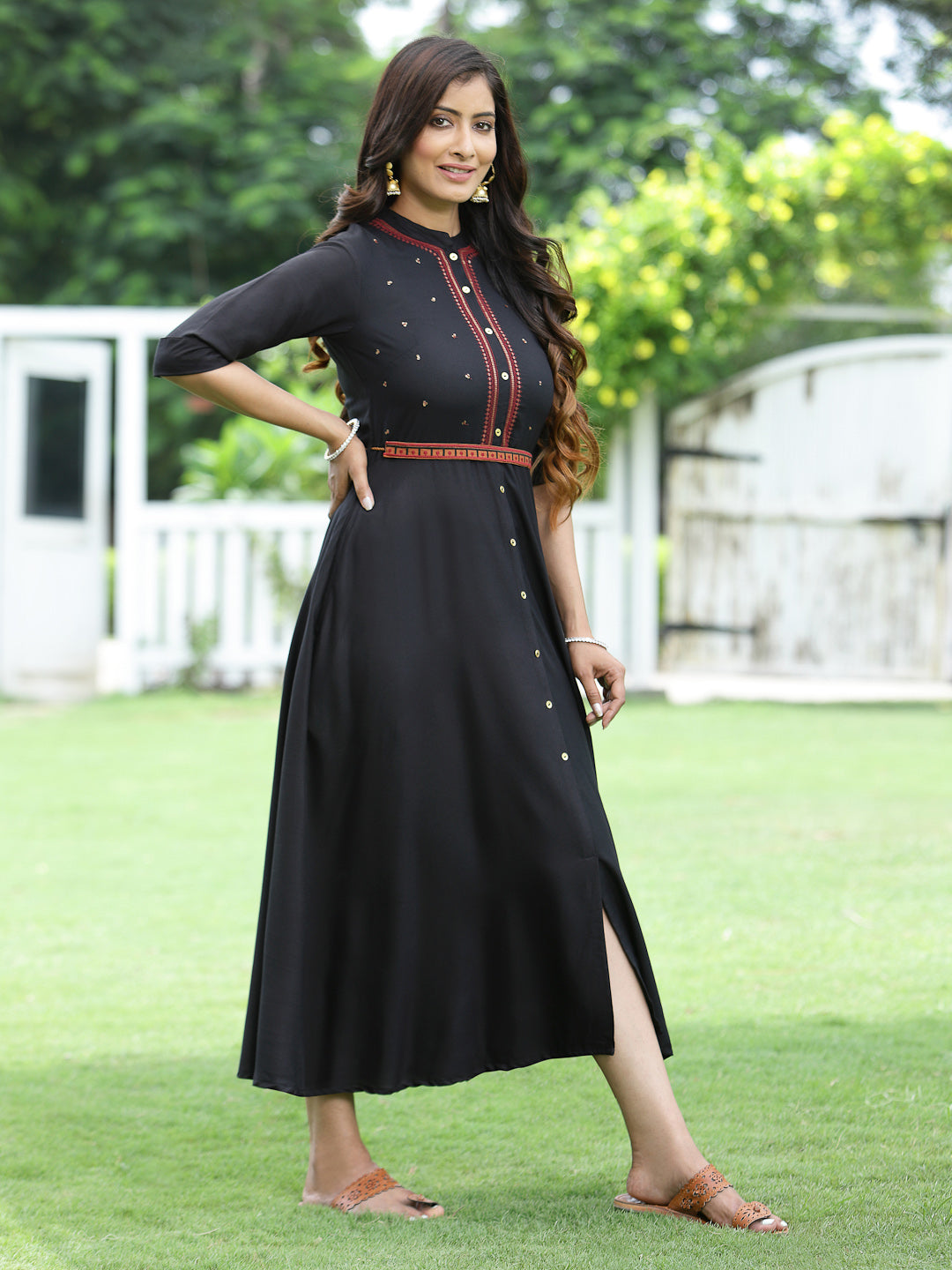 Black Rayon Embellished Flared Dress