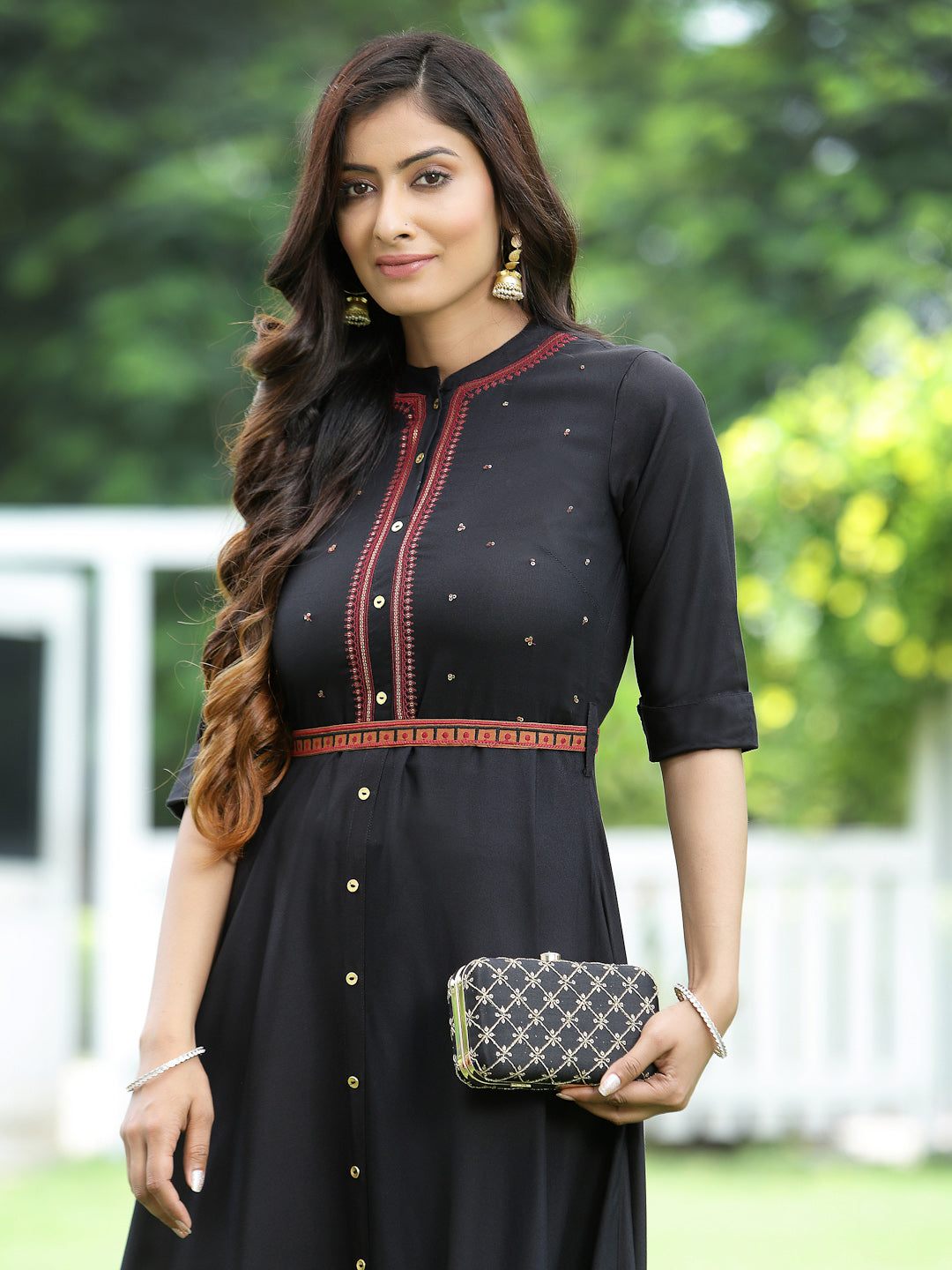 Black Rayon Embellished Flared Dress