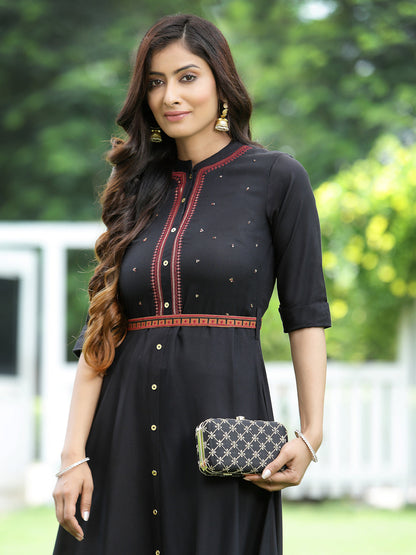 Black Rayon Embellished Flared Dress