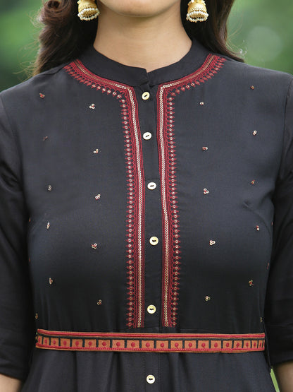 Black Rayon Embellished Flared Dress