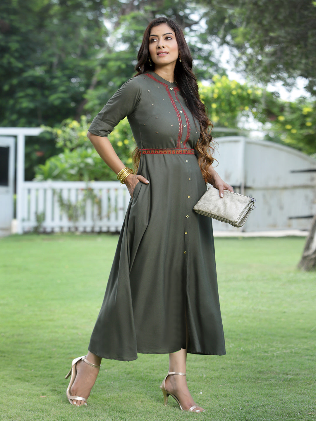 Darkolive Rayon Embellished Flared Dress