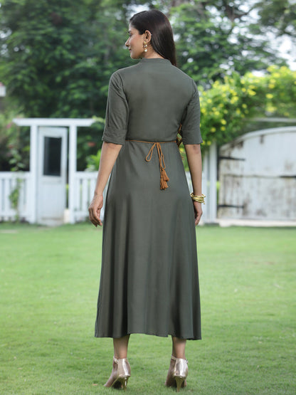 Darkolive Rayon Embellished Flared Dress