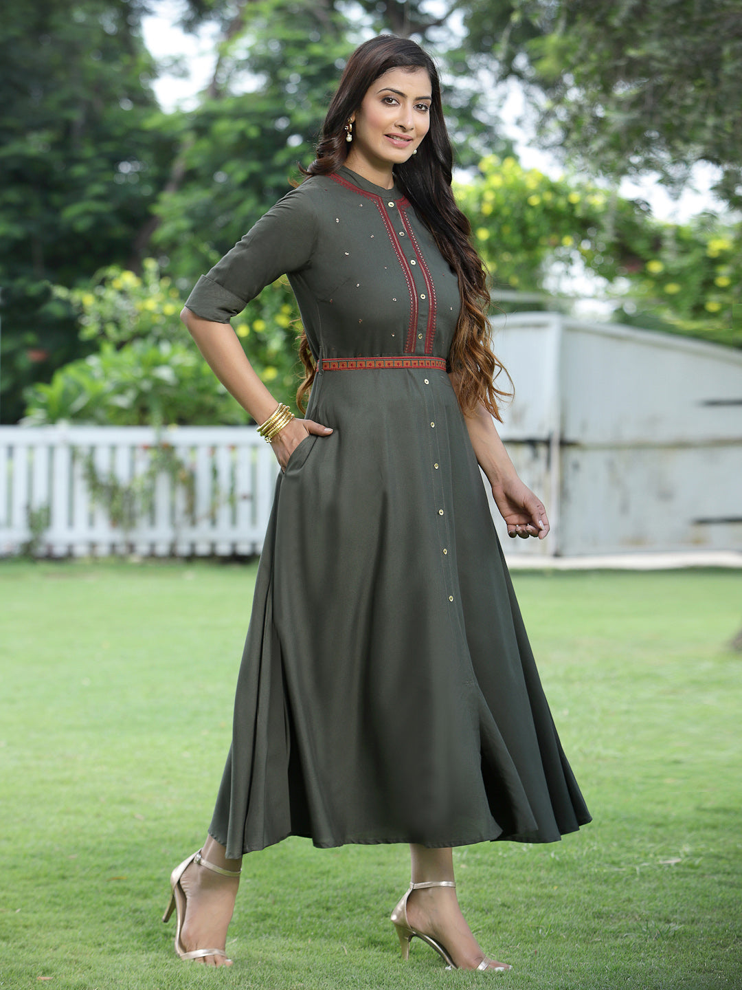 Darkolive Rayon Embellished Flared Dress