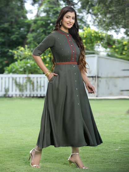 Darkolive Rayon Embellished Flared Dress