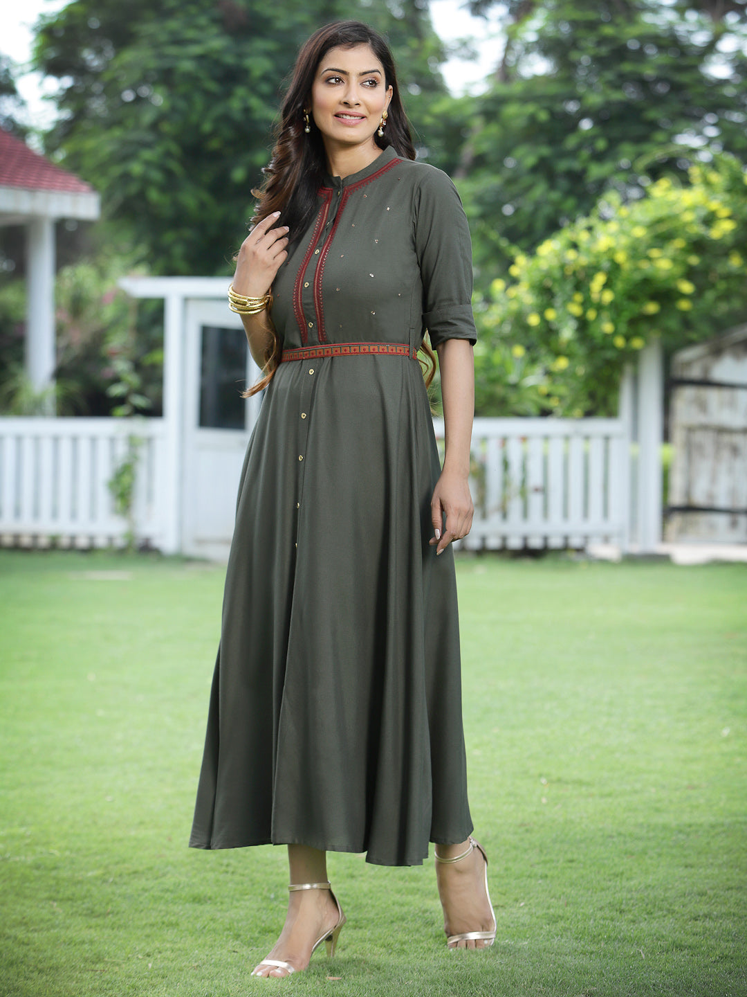 Darkolive Rayon Embellished Flared Dress