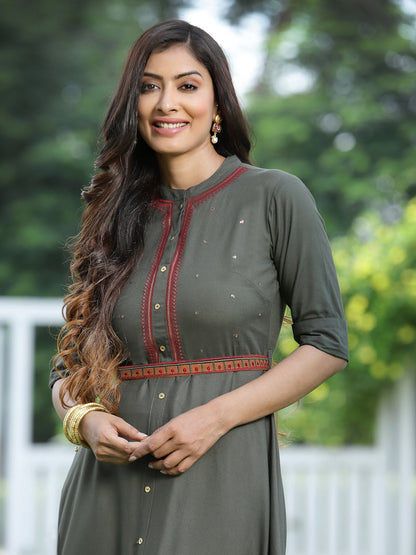 Darkolive Rayon Embellished Flared Dress