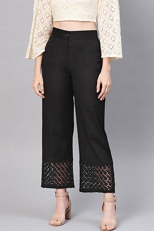 Black Cotton Flex Solid Wide Leg Palazzo