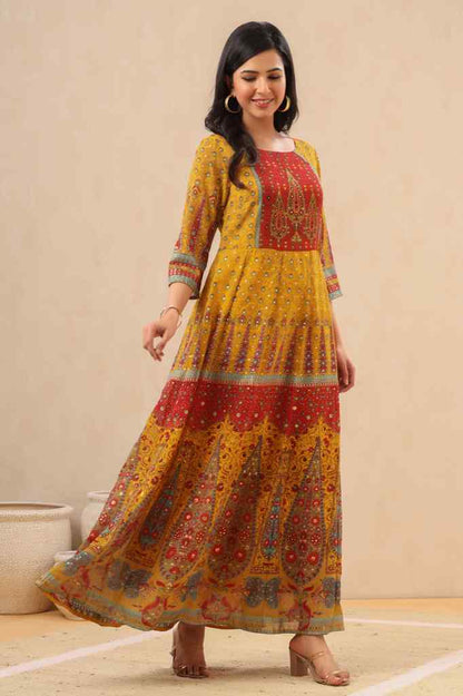 Mustard Georgette Printed Anarkali Dress