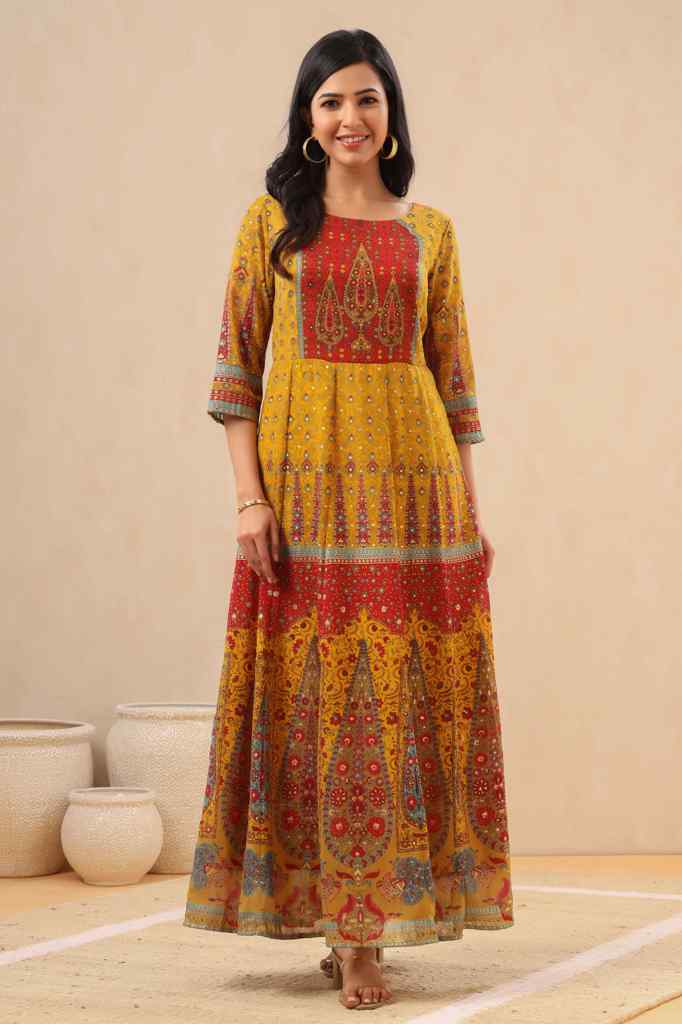 Mustard Georgette Printed Anarkali Dress