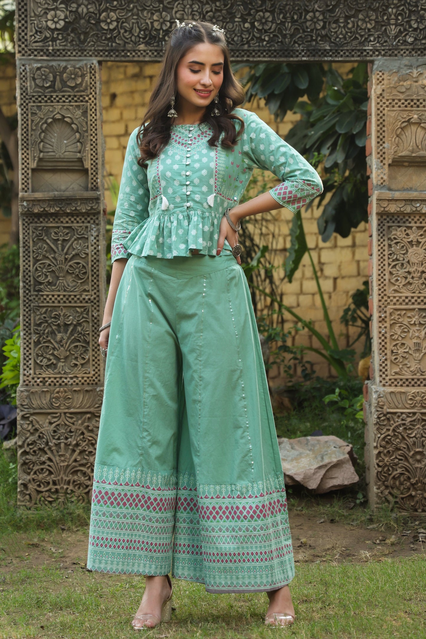 Mint Cambric Printed Peplum Clothing Set