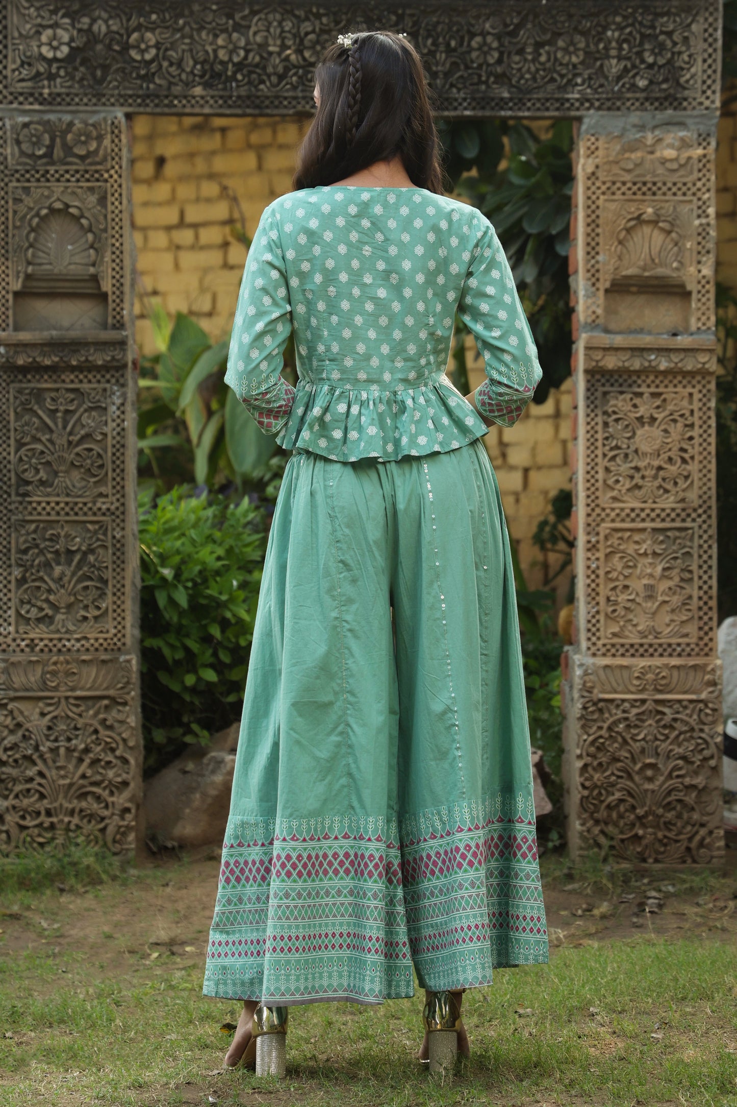 Mint Cambric Printed Peplum Clothing Set