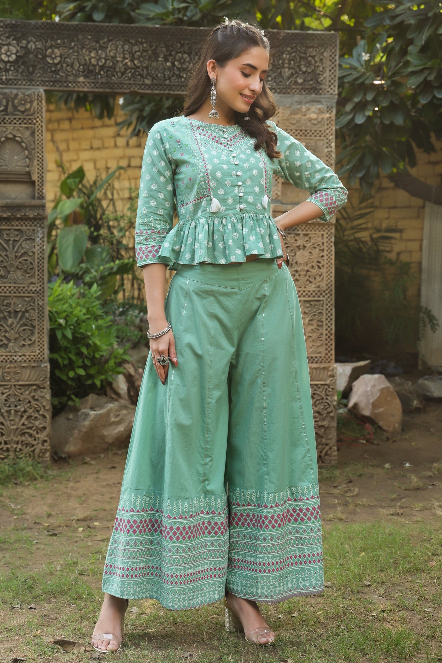 Mint Cambric Printed Peplum Clothing Set