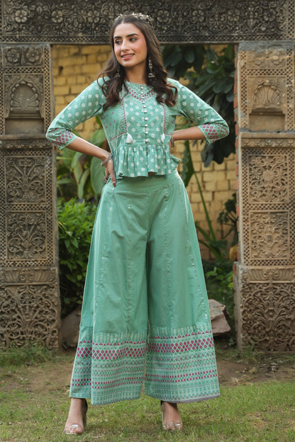 Mint Cambric Printed Peplum Clothing Set