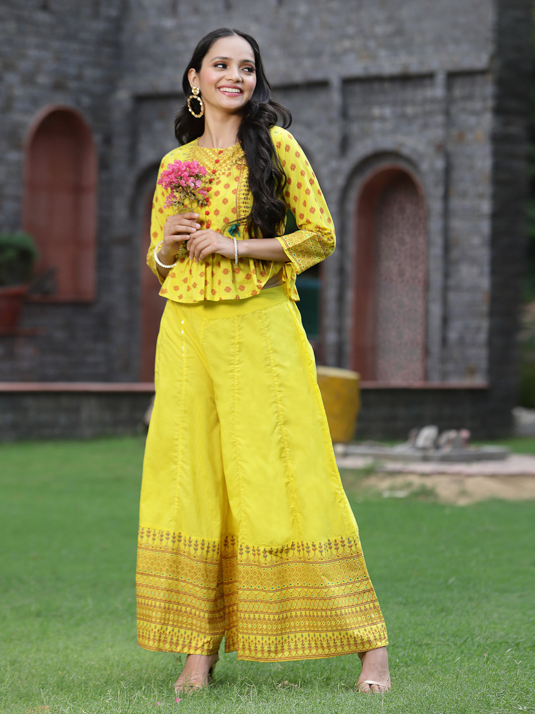 Yellow Cambric Printed Peplum Clothing Set