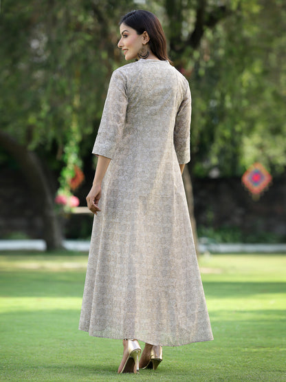 Beige Chanderi Silk Printed Anarkali Kurta