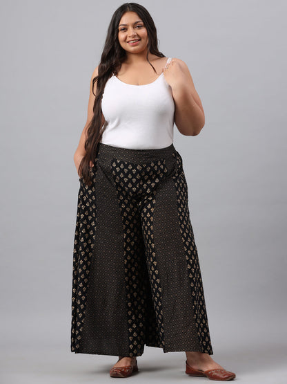 Black Rayon Printed Flared Palazzo