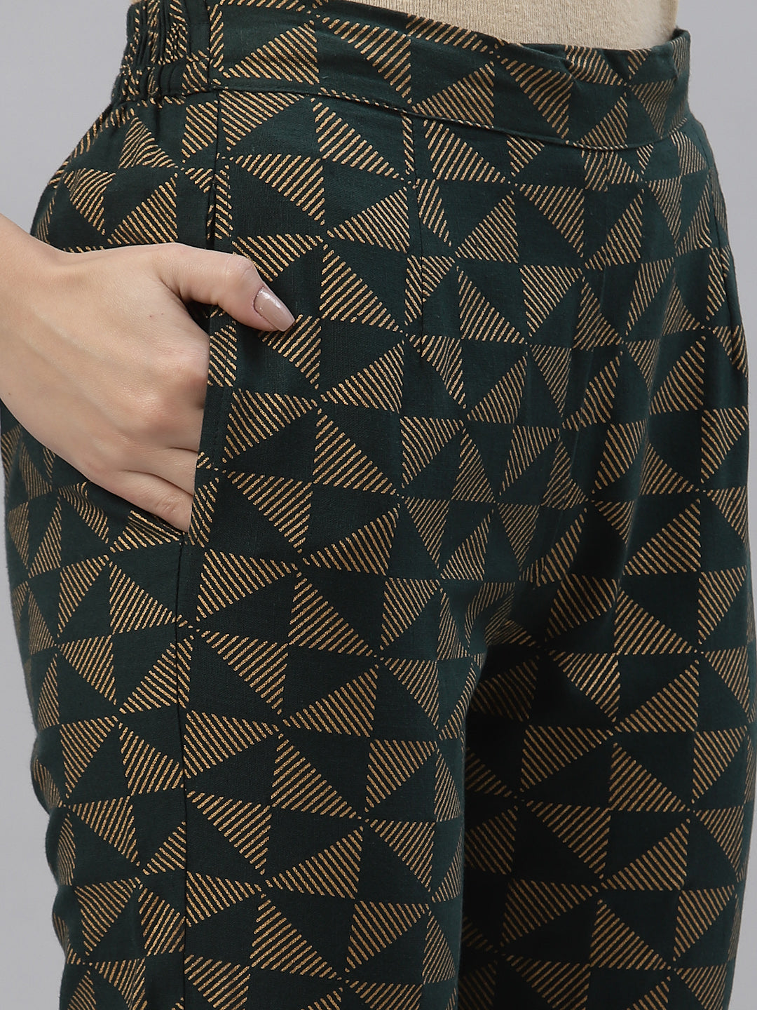 Jade green Cotton flex Printed Straight Pant