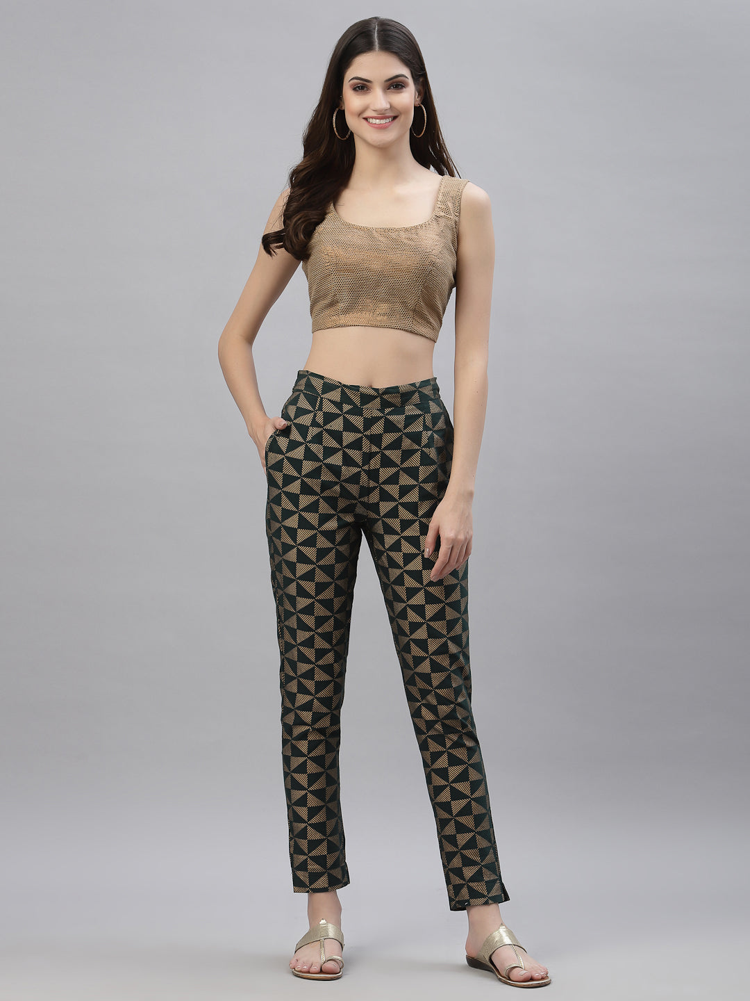 Jade green Cotton flex Printed Straight Pant