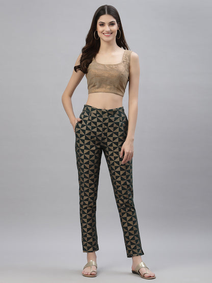 Jade green Cotton flex Printed Straight Pant