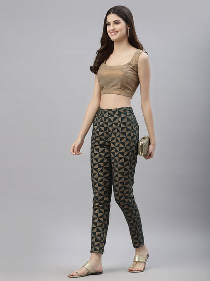 Jade green Cotton flex Printed Straight Pant