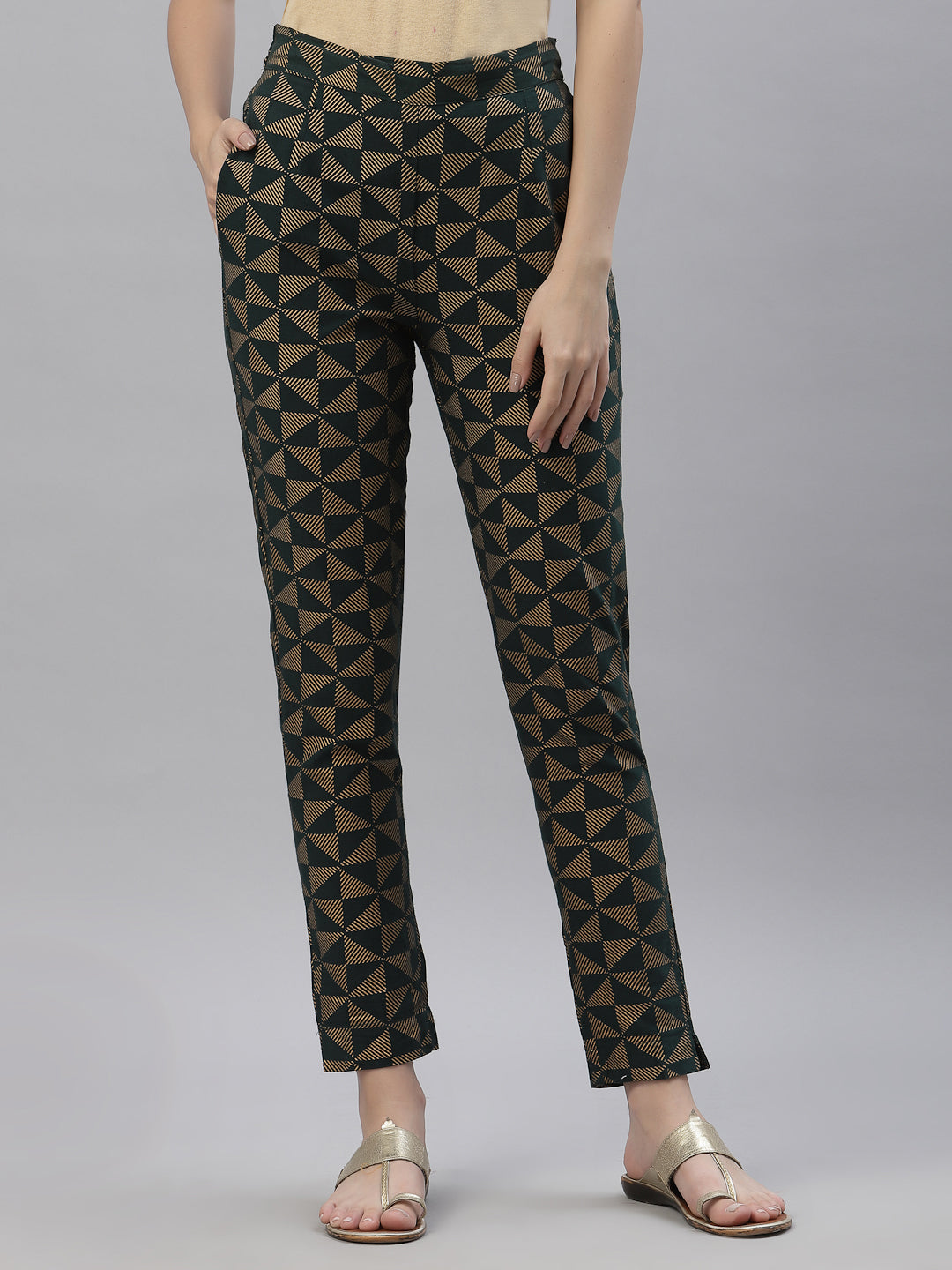 Jade green Cotton flex Printed Straight Pant