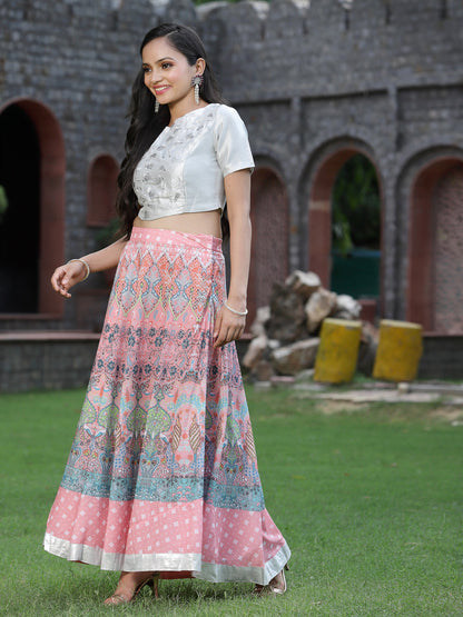 Pink Poly Muslin Embroidered Flared Lehenga Choli