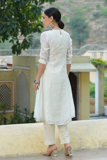 White Cotton Chanderi Embellished A-Line Kurta
