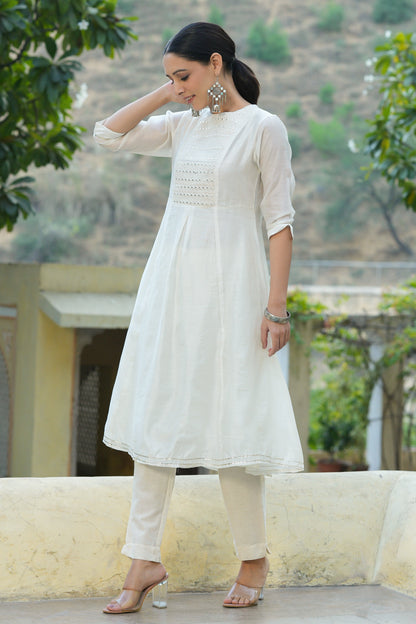 White Cotton Chanderi Embellished A-Line Kurta