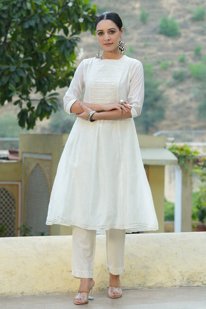 White Cotton Chanderi Embellished A-Line Kurta
