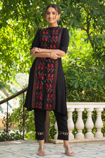 Black Rayon Slub Printed A-Line Kurta