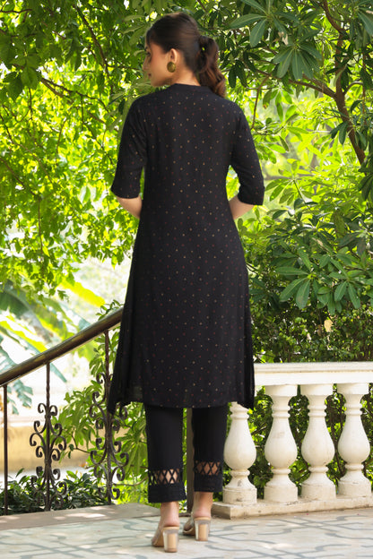 Black Rayon Slub Printed A-Line Kurta
