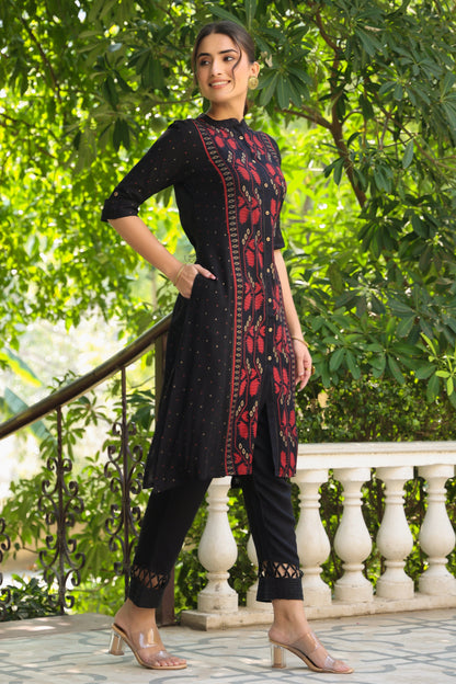 Black Rayon Slub Printed A-Line Kurta