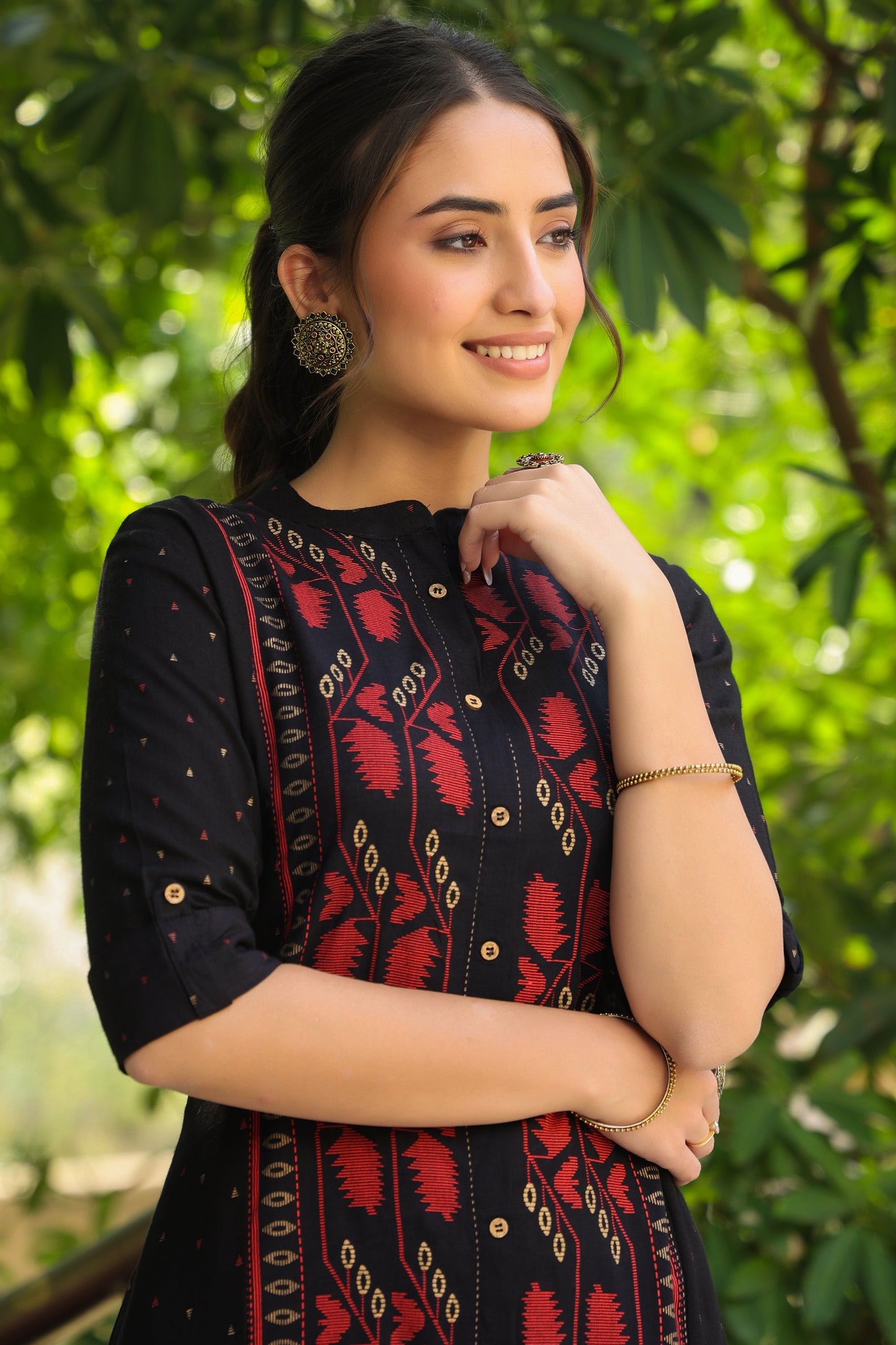 Black Rayon Slub Printed A-Line Kurta